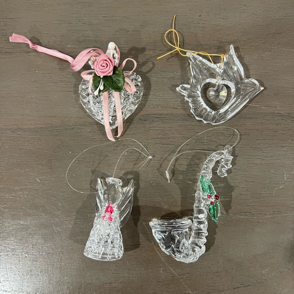 Clear Glass Angel, Saxophone, and Heart Ornaments – Set of 4